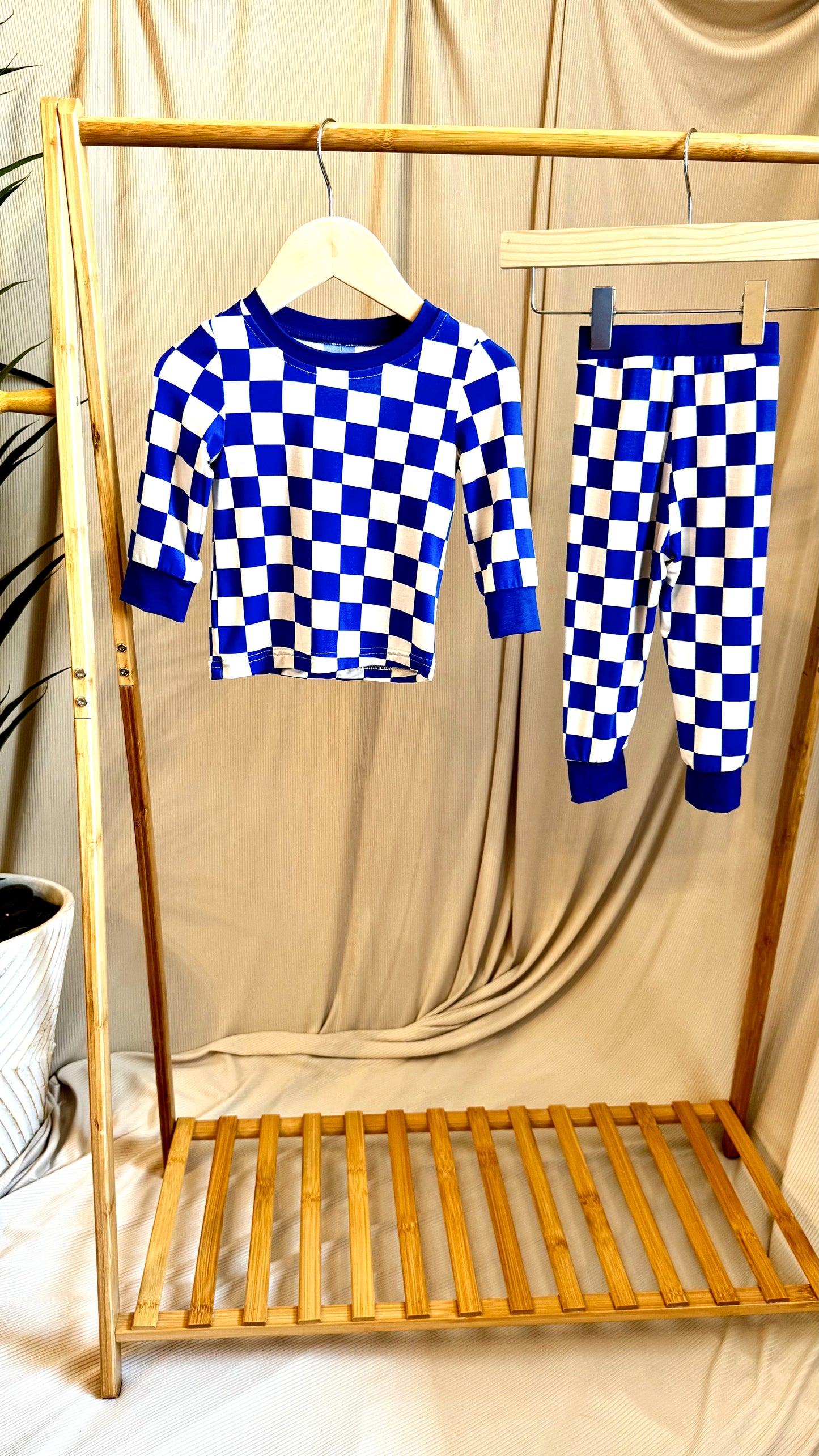 Royal Blue Checkered Two-Piece Bamboo Lounge Set