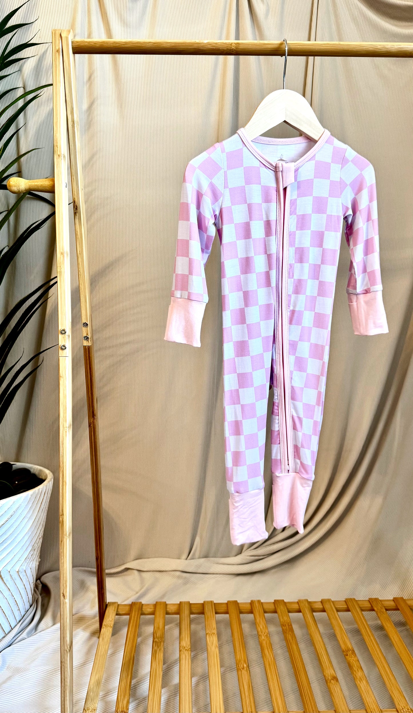 Bubble Gum Pink Checkered Bamboo Onesie
