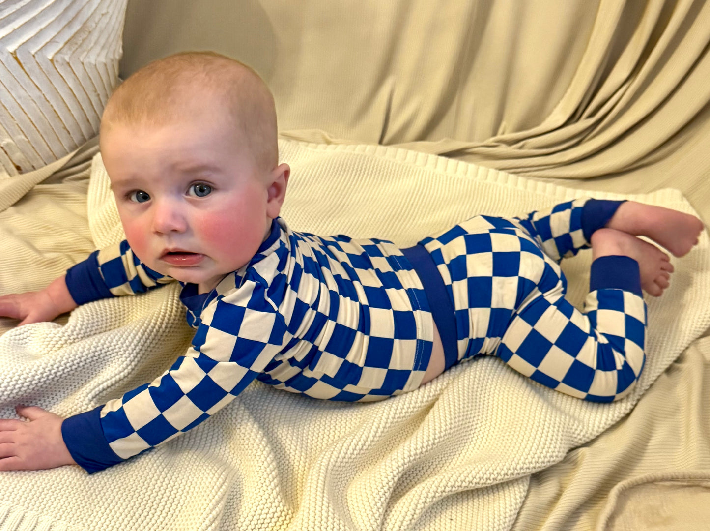 Royal Blue Checkered Two-Piece Bamboo Lounge Set