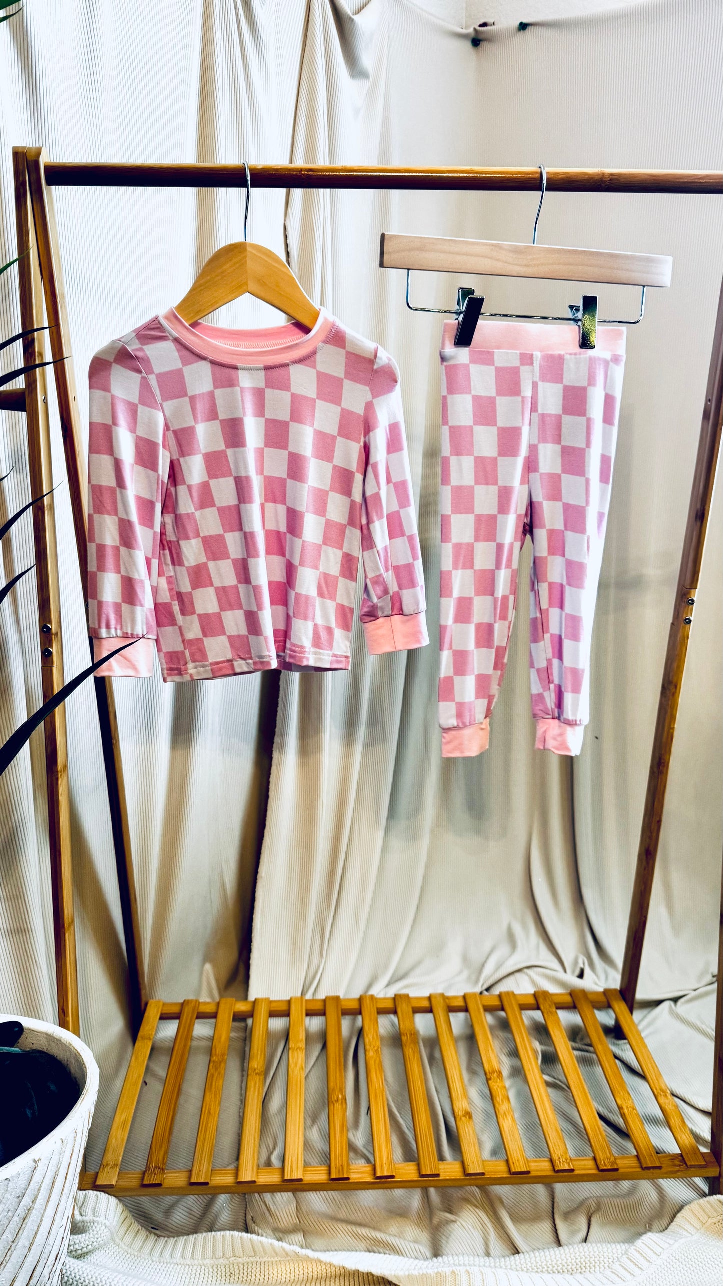 Bubble Gum Pink Checkered Two-Piece Bamboo Lounge Set